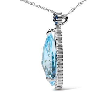18K White Gold Pear Blue Topaz and Blue Sapphire and Diamond Drop
Pendant with Flower Design