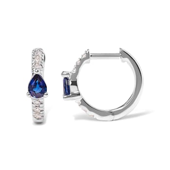 10K White Gold Pear Shaped Blue Sapphire and 1/10 Cttw Diamond Huggy
Hoop Earrings