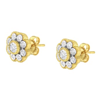 14K Yellow Gold Over Sterling Silver 1/6ctw Miracle-Plate Set Diamond
Floral Stud Earrings