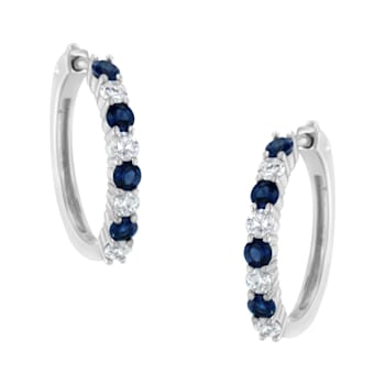 2.5MM Blue Sapphire and 0.50ctw Diamond Hoop 10K White Gold Earrings