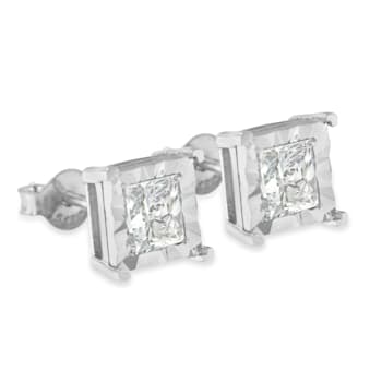 Sterling Silver 1.0ctw Miracle Set Princess-cut Diamond Solitaire Stud Earrings