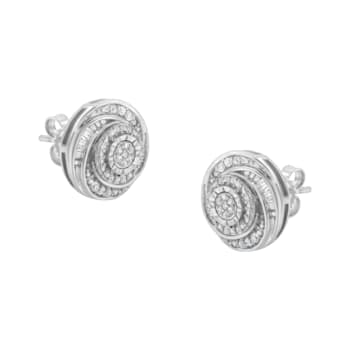 Sterling Silver .25ctw Baguette and Round Diamond Swirl Love Knot Stud Earrings