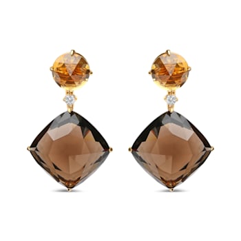 18K Yellow Gold Round Citrine and Cushion Cut Smoky Quartz Gemstone with
Diamond Accent Earrings