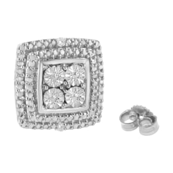 Diamond Accented Square-Shaped Sterling Silver Milgrain Stud Earrings