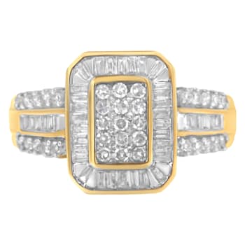 10K Yellow Gold Round and Baguette-Cut Diamond Cluster Ring (1.0 Cttw,
I-J Color, SI1-SI2 Clarity)