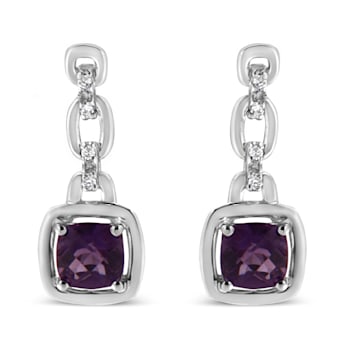 Sterling Silver 6x6MM Cushion Shaped Purple Amethyst and Diamond Accent
Drop and Dangle Earrings