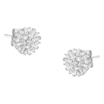 Sterling Silver 1/2 Round and Baguette Diamond Sunburst Floral Cluster
Stud Earrings