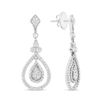 18K White Gold 1 1/4 Cttw Round Diamond Openwork Teardrop-Shaped Dangle Earrings