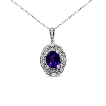 Sterling Silver Diamond Accent and 9x7mm Oval Amethyst Pendant w\chain 18"