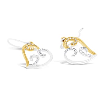 10K Two-tone Gold Round Diamond Heart Dangle Earrings 1/4ctw