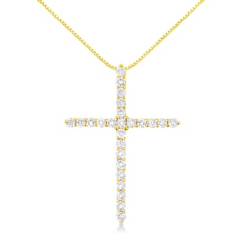 10K Yellow Gold 2.0ctw Round Diamond Cross Pendant with Box Chain (J-K
Color, I2-I3 Clarity) - 18"