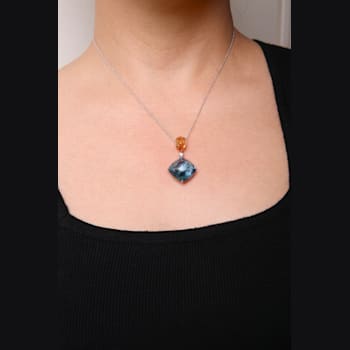 18K Two-tone Gold Cushion Blue Topaz and Pear Yellow Citrine with
Diamond Accent Dangle Pendant