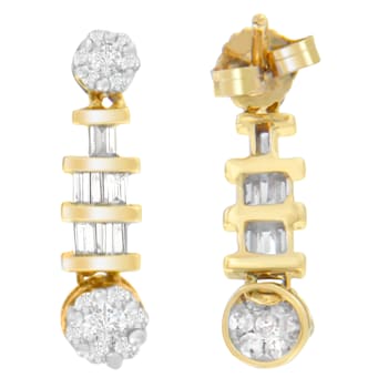 14K Yellow Gold 3/4ctw Round and Baguette-cut Diamond Earrings