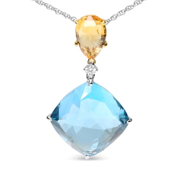 18K Two-tone Gold Cushion Blue Topaz and Pear Yellow Citrine with
Diamond Accent Dangle Pendant