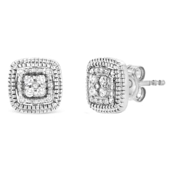 Sterling Silver 1/10ctw Prong-Set Round Cut Diamond Square Shape with
Milgrain Halo Stud Earrings
