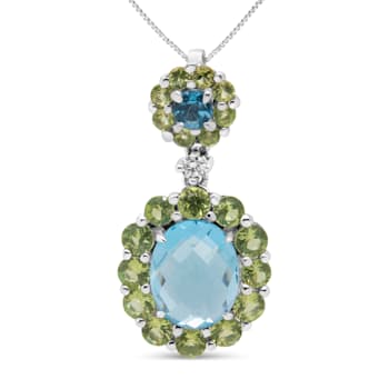 18k White Gold 0.05ctw Round Diamond, Blue Topaz and Peridot Pendant w\chain