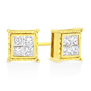 14K Yellow Gold 1.0ctw Invisible Set Princess-Cut Diamond Composite 8
Stone Stud Earrings