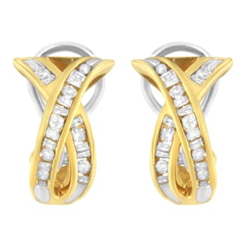 14K Two-Tone 1/2ctw "X" Shape Cross Over Diamond Hoop Earrings