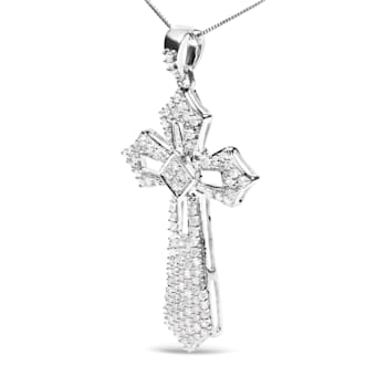 Sterling Silver 1.00 Cttw Diamond Fleur De Lis Cross 18" Pendant Necklace