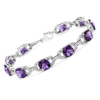 .925 Sterling Silver 7x7 mm Cushion Cut Amethyst and 1/20ctw Round Cut
Diamond Tennis Bracelet