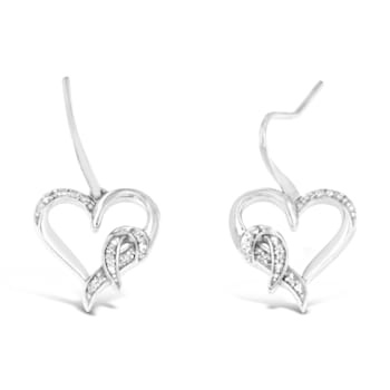 Sterling Silver Round Cut Diamond Heart Dangle Earrings .09ctw