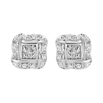 Sterling Silver Round Cut Diamond Square Stud Earrings .04ctw