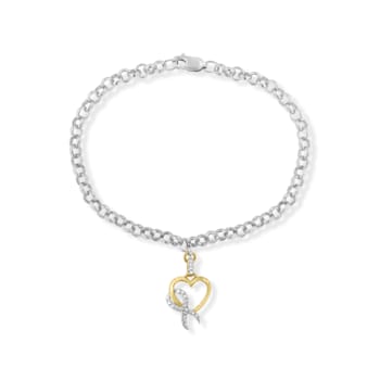 10K Yellow Gold 1/10ctw Diamond Awareness Ribbon & Heart Charm .925
Sterling Silver Rolo Bracelet