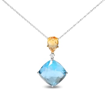18K Two-tone Gold Cushion Blue Topaz and Pear Yellow Citrine with
Diamond Accent Dangle Pendant