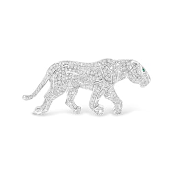 18K White Gold 2mm Green Emerald and 2 1/2 ctw Diamond Panther Brooch