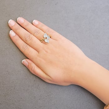 18K Yellow and White Gold Over Sterling Silver 3/8ctw Mixed Diamond
Bypass Triple Leaf Ring