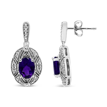 Sterling Silver Diamond Accent and 8x6mm Purple Oval Amethyst Stud Earrings