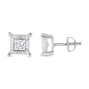 Sterling Silver 1.0ctw Miracle Set Princess-cut Diamond Solitaire Stud Earrings