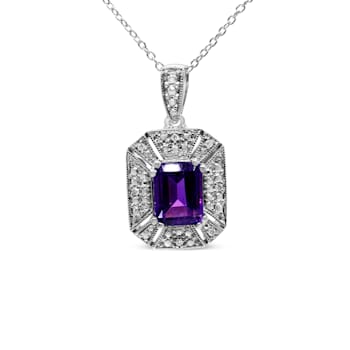 .925 Sterling Silver 8x6mm Gemstone and Diamond Accent Art Deco Style
18" Pendant Necklace