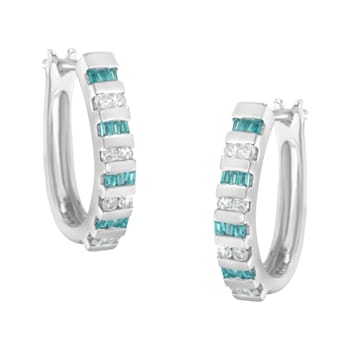 10k White Gold Round and Blue Baguette Diamond Hoop Earrings 0.50ctw