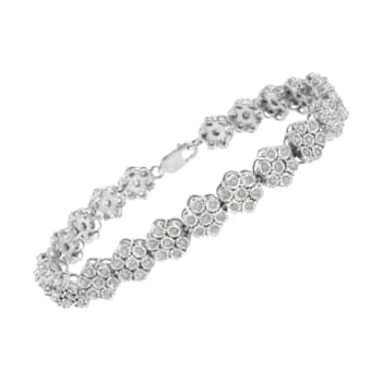 Sterling Silver 2.0ctw Diamond 7 Stone Floral Cluster Link Bracelet