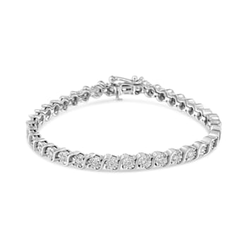 14K White Gold 1.0ctw Lab Grown Diamond Round Miracle Plate and
"S" Link Tennis Bracelet