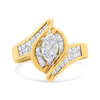 14K Yellow Gold Mixed Cut Diamond Marquise Shaped Ring (1 1/4ctw, G-H
Color, SI1-SI2 Clarity)