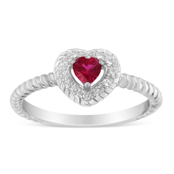 Sterling Silver 4MM Lab Created Ruby Heart and Diamond Accent Heart Ring