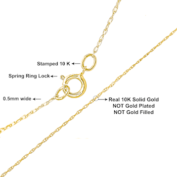 Solid 10K Gold 0.5mm Rope Chain Unisex Necklace - Size 20"