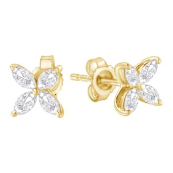 14K Yellow Gold 1/2ctw Marquise Diamond 8 Stone Floral Leaf Stud Earrings