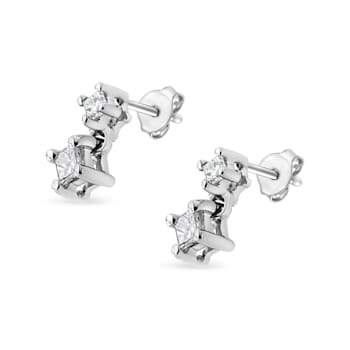 14K White Gold 1/4ctw Princess-Cut Double Diamond Drop and Dangle Stud Earrings