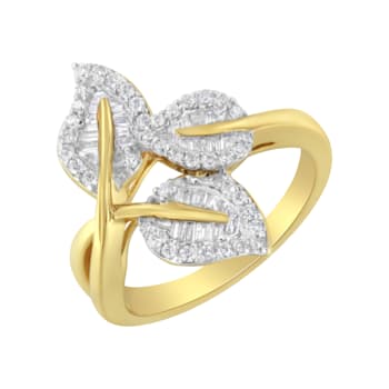 10K Yellow and White Gold 1/2ctw Mixed Shape Diamond Triple Leaf Ring
(I-J Color, I1-I2 Clarity)
