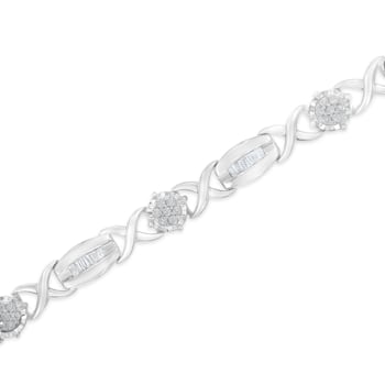 Sterling Silver 1.0ctw Round-Cut and Baguette-Cut Diamond X-Link Bracelet