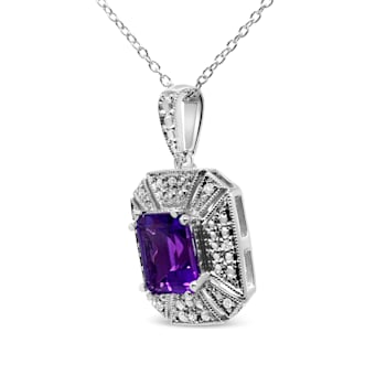 .925 Sterling Silver 8x6mm Gemstone and Diamond Accent Art Deco Style
18" Pendant Necklace