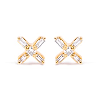 10K Yellow Gold 1/10 Cttw Round and Baguette Diamond Criss Cross X Stud Earring