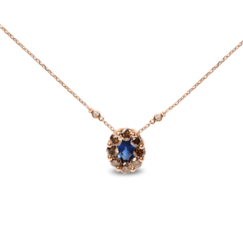18K Rose Gold Oval Blue Sapphire and Brown Diamonds with White Diamond
Accent Halo Cluster Necklace
