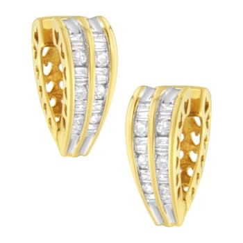 14K Two-Tone Gold 1.0ctw Channel Set Round and Baguette Diamond Multi
Row Huggie Hoop Earrings