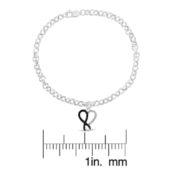 Sterling Silver 1/6ctw Black and White Diamond Heart Charm Bracelet