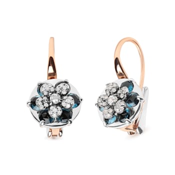 18K Two-tone Gold Round Blue Topaz and Round Diamonds Cluster Floral
Drop Hoop Earrings