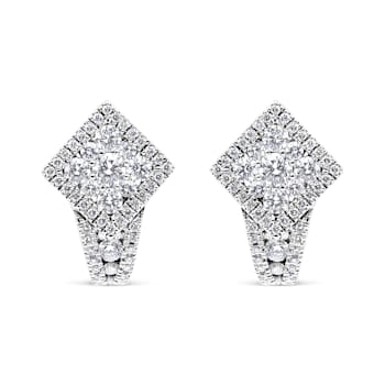 18K White Gold 1 1/10ctw Round Diamond Cluster with Halo Hoop Huggie Earrings